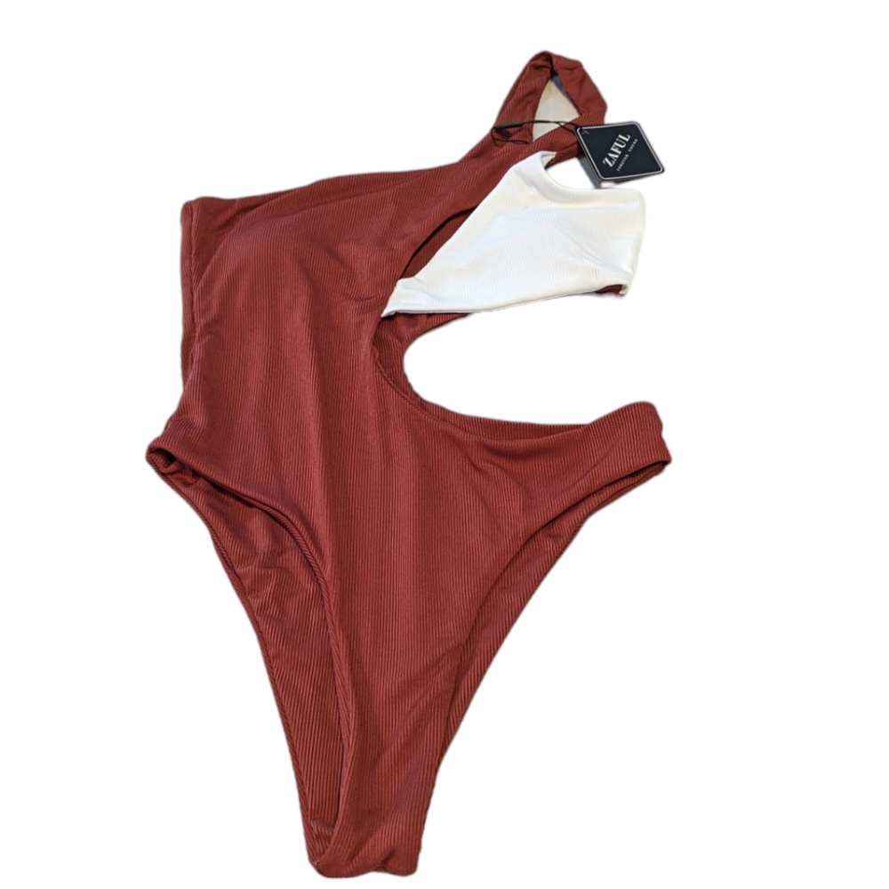 Zaful, rust and white color one shoulder suit with side cut out. Size 6